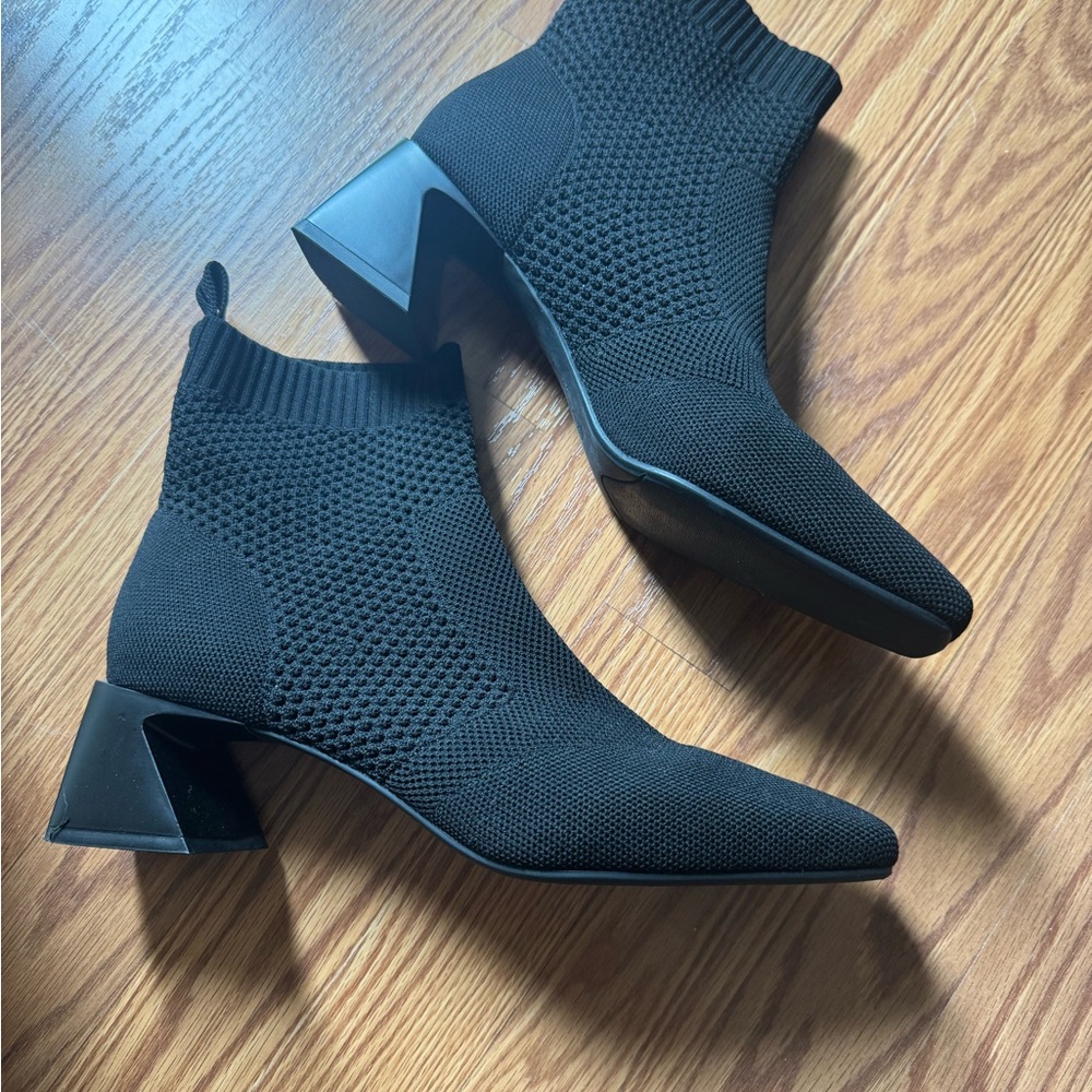 Black Knit Ankle Boots with Geometric Heel